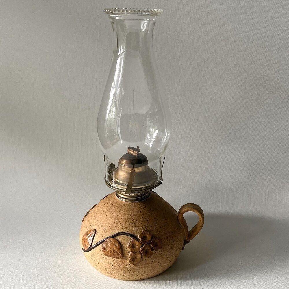 Vintage Art Pottery Oil Lamp Signed Rustic Floral Hurricane Lamp Brown Stoneware